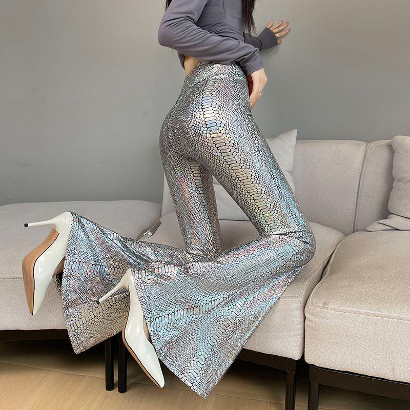 Snake Print Black Leather High-Waist Flare Pants: Slimming, Butt-Lifting, Floor-Length, Winter Casuals.