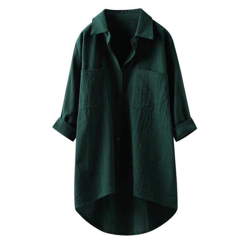 2026 Lente en Herfst Nieuw Dames Casual Stijl Effen Kleur Shirt Katoen Linnen Vest met Dubbele Zakken Lange Mouw Top