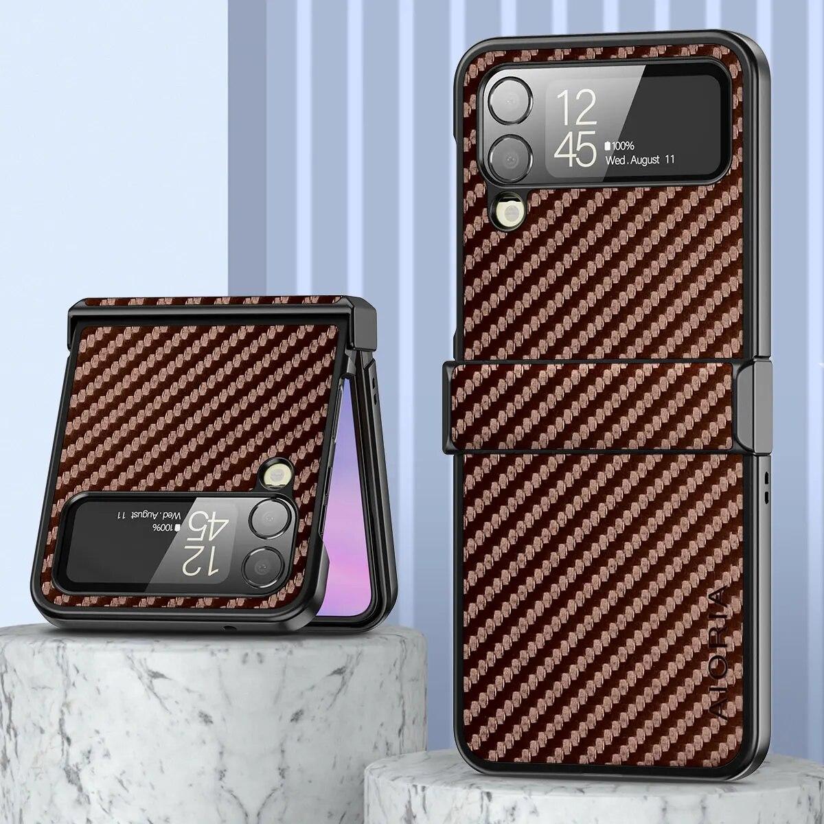 

Противоударный тонкий чехол из углеродного волокна для Samsung Galaxy Z Flip 4 5G Z Flip4, нескользящий защитный чехол для всего тела, чехол для телефона Funda Galaxy Z Flip4 кофейный