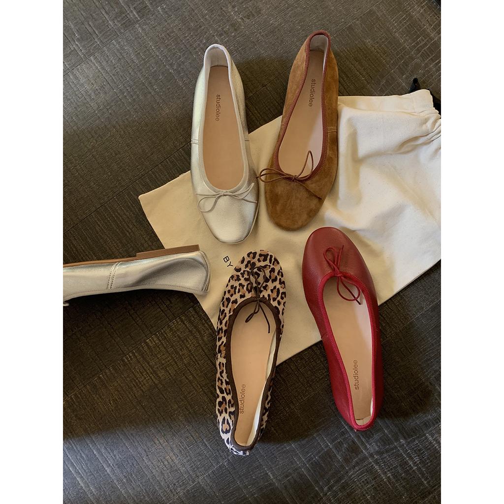 Sheepskin version~ Grape mother same style Paris afternoon classic French round head temperament bow small low heel single shoes women