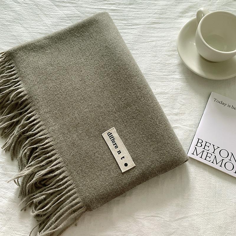 Flowing Fringe, Color-blocked, Simple Design, Faux Cashmere-like Scarf, Winter-thick, Cape-style, Student-friendly, Solid Color.