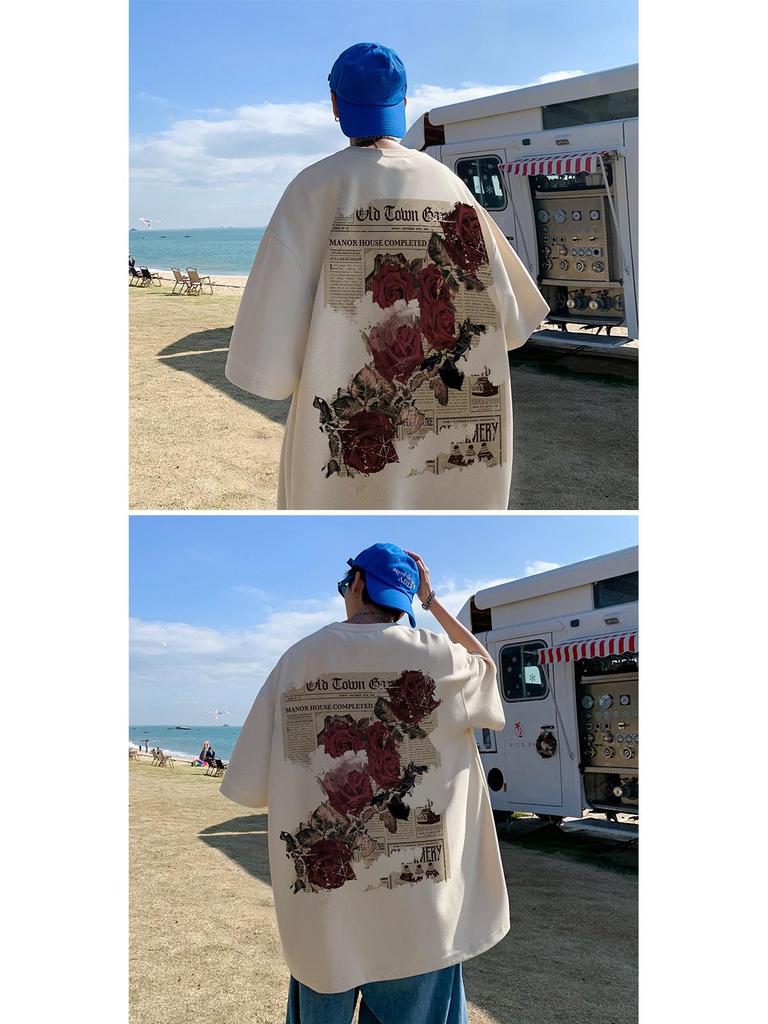 Herren Oversized T-Shirt mit Rosenprint im Retro-Stil – Neuer trendiger Sommerstil