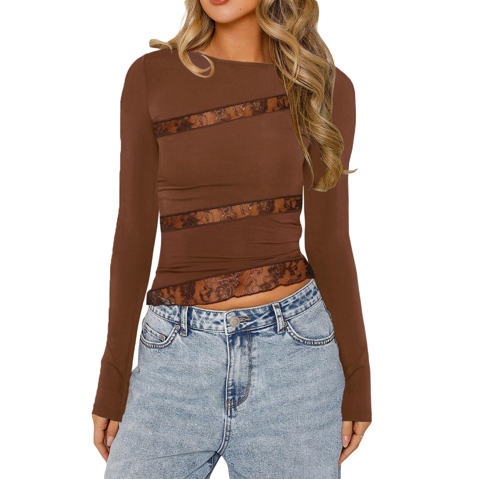 

Женские кружевные лоскутные короткие футболки, модные рубашки с длинным рукавом, весна-осень, облегающие топы, уличная одежда M светло-коричневого