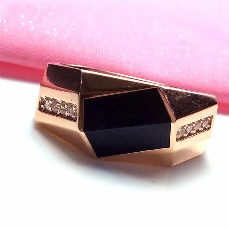 Dominujący Platerowany Różowym Złotem Pierścień Męski z Geometrycznym Czarnym Onyksem, Moda Dżentelmena, Cyrkonia, Prezent