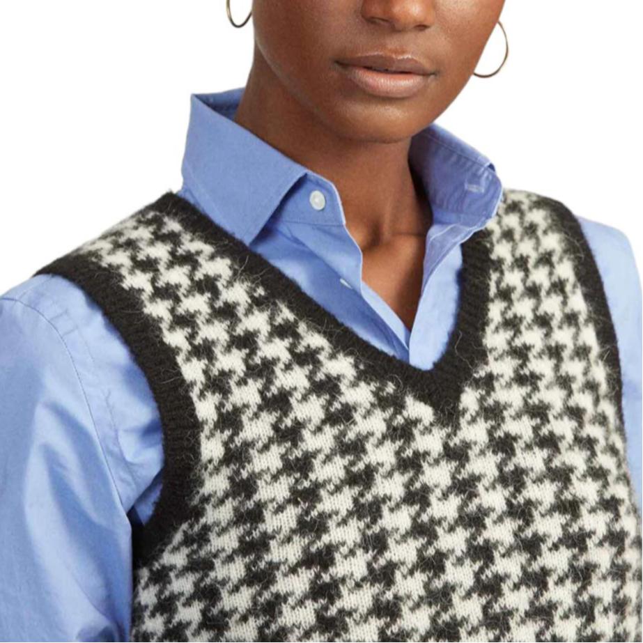 Polo Ralph Lauren SS23 Houndstooth Pattern V-Neck Sleeveless Knit Top Women tops Black White 211764642-001