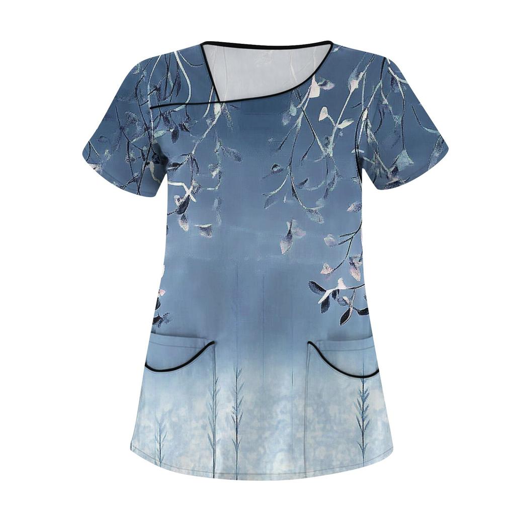 Lässig bedrucktes, kurzärmliges Workwear-Oberteil für Damen mit schrägem Kragen und Doppeltaschen