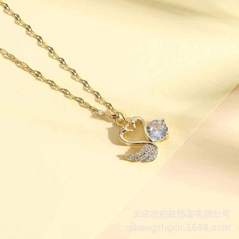 Titanium Steel Necklace Female Senior Personality Versatile Mandarin Duck Playing Water Zircon Pendant Collarbone Chain Gift