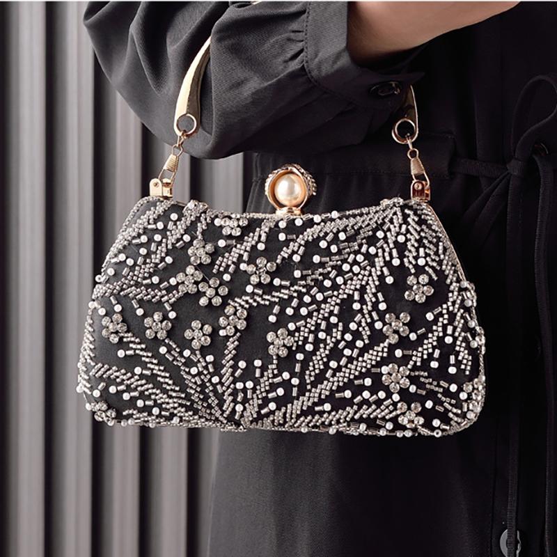 Black Handbag Beading Vintage Women's Party Bags Luxury Brands Wholesale Clutch Pearl Hasp Crossbody Bags Fashion Handmade