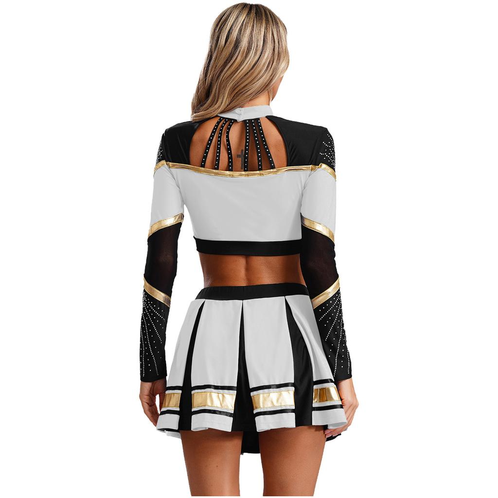 Womens Sports Dancewear Cheerleading Outfit Long Sleeve Sequins Crop Top with Pleated Skirt Set Cheer Uniform