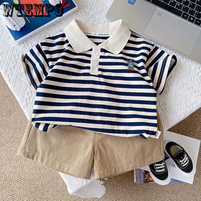 Conjunto de Verano para Niños Camisa Polo Rayada Manga Corta Fina Bordado de Dibujos Animados Estilo Occidental Conjunto de Dos Piezas