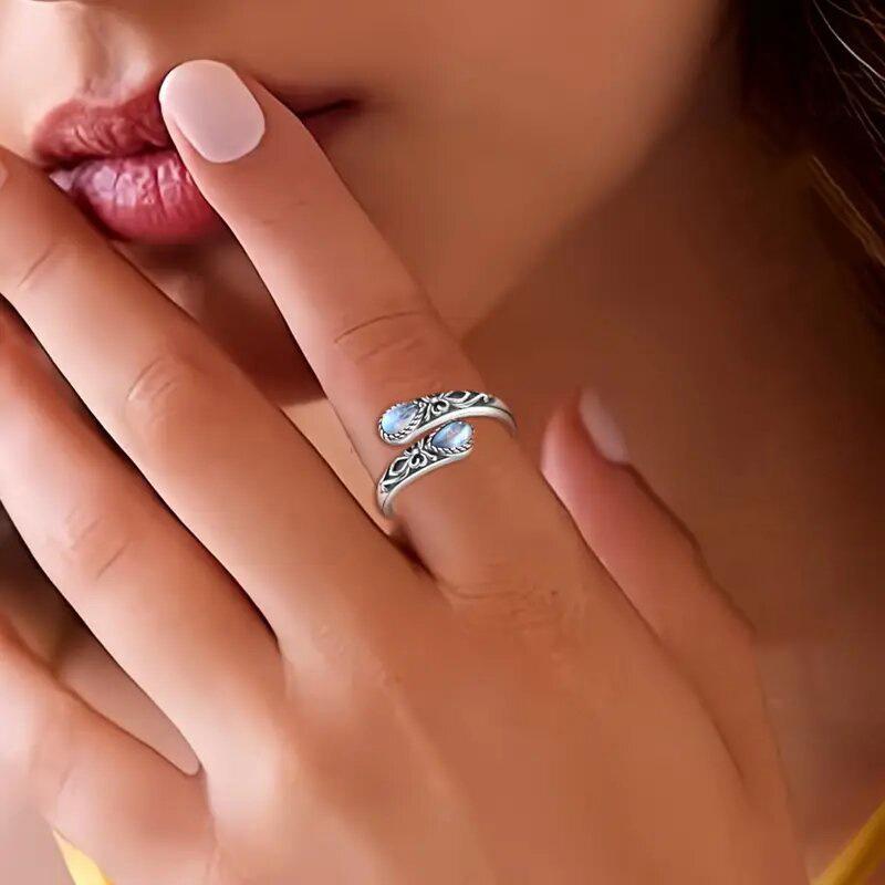 Fashionable Retro European Ring for Women, Open Water Droplets Imitation Moonstone, Popular Ethnic Jewelry