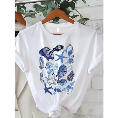 T-shirt da Donna Rotonda alla Moda con Stampa di Lettere e Cartoni Animati, Design Semplice, Comoda e Traspirante, Essenziale Versatile, Taglia Europea