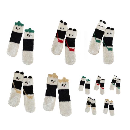 1/5 Pairs Sleeping Socks Cartoon Panda Design Thickened Coral Velvet Warm Winter Socks Mid-Tube Floor Socks