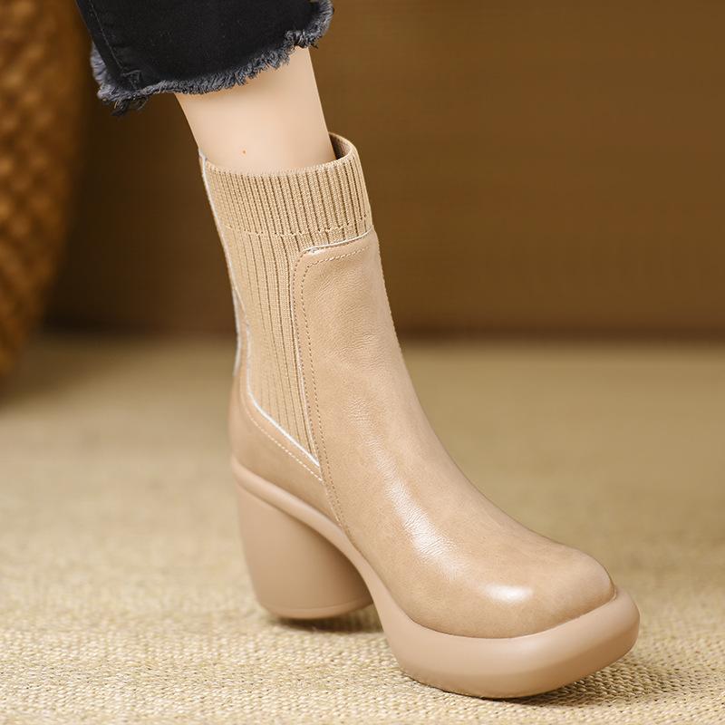 

Retro thick-soled thick-heeled sleeve round-headed short boots for women s 2025 autumn and winter new waterproof mid-heel soft-soled boots 40 абрикосовый