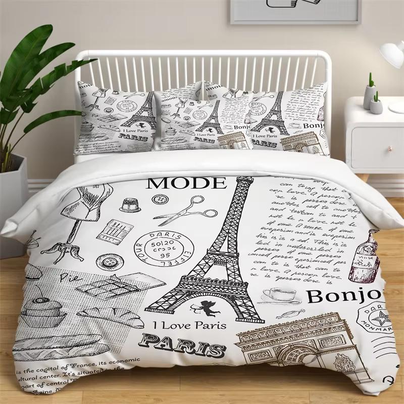 Eiffel Tower Duvet Cover Set Romantic Paris Tower Bedding Set French Style Home Decor Cityscape Quilt Cover King For Girls Boys