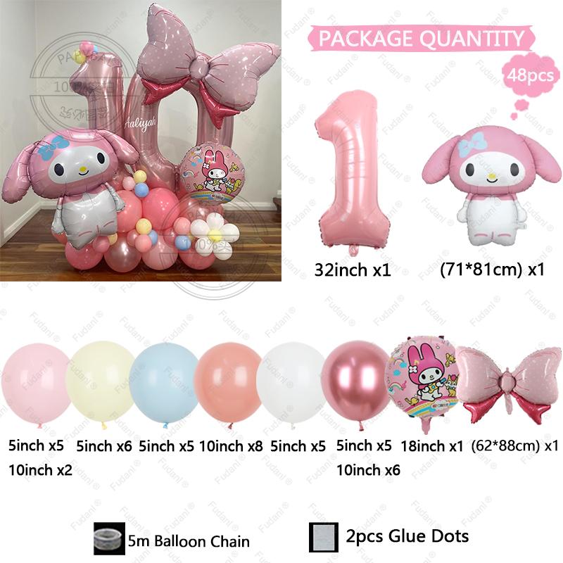 48pcs Cartoon Cute My Melody Bow Theme Foil Balloon 32 Inch Pink Number Set Children's 1-9th Birthday Party Decorative Toys