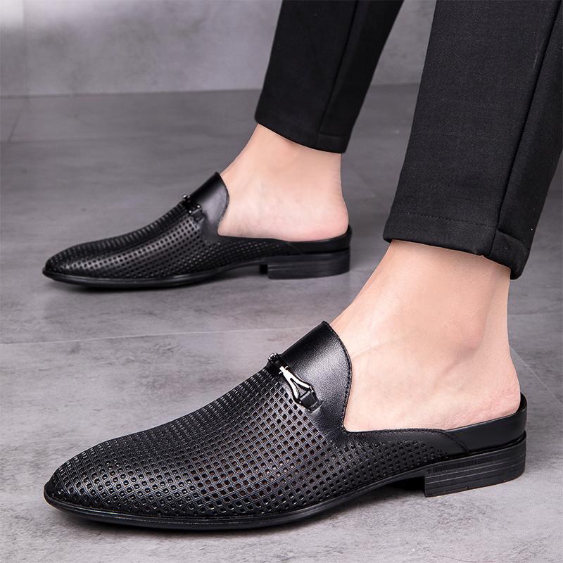 Hollow Out Mules Men Half Shoes For Man Genuine Leather Semi-Drag Casual Shoes Backless Loafers Large Size Closed Toe Sandals