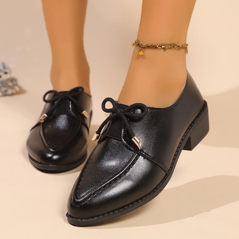 Bow Block Heel Small Leather Shoes Women's Pointed Toe Deep Mouth Lace-Up Front Plus Size Versatile Kitten Heel Single
