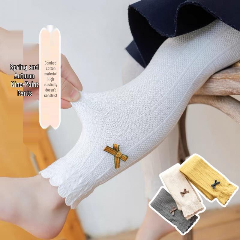 

Girls Breathable Cotton Leggings with Bow Lace - Nine-Point Length for Spring & Autumn S [1-3 years, height 80-95 cm]