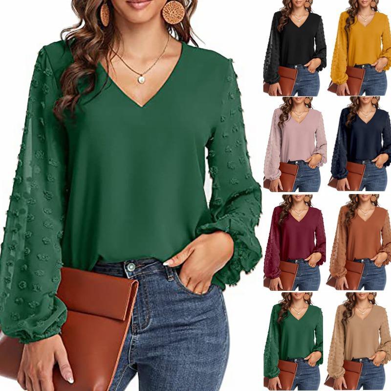 Women S V Neck Long Sleeve Chiffon Blouse Jacquard Loose Top