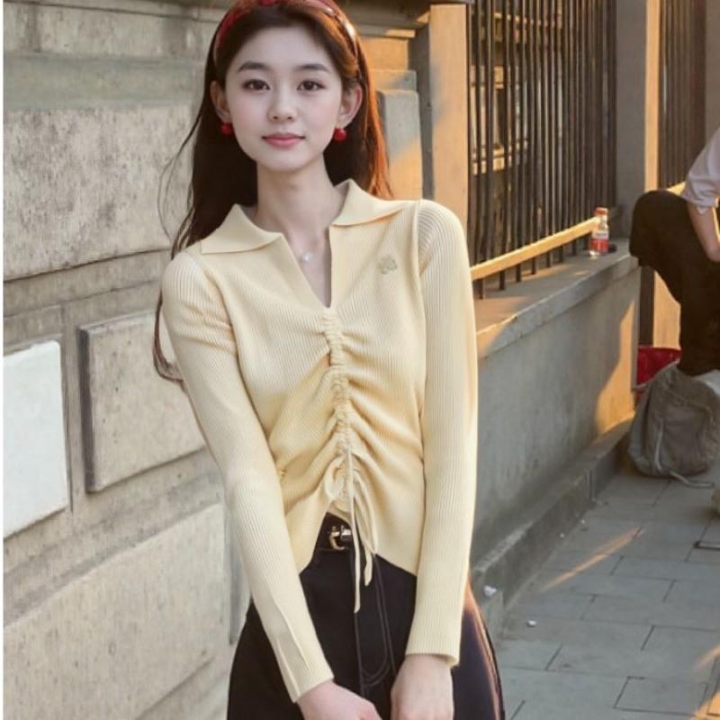 A New Large-sized Irregular Drawstring Top for Women's Autumn Wear with A Polo Collar and Shoulder