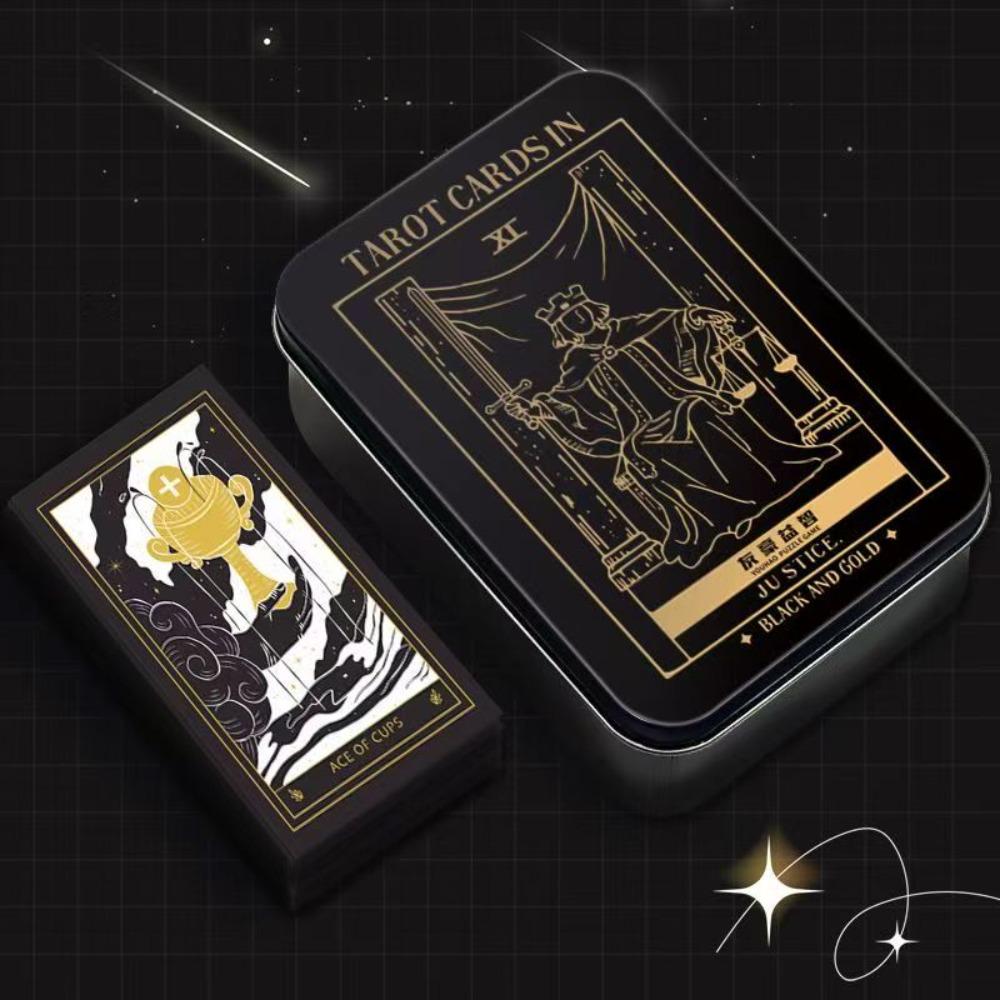 Mystic Noir Elegant Black & Gold Tarot Deck 10*6cm, Full 78-Card Set in Metal Tin, Travel-Size Deck for Wisdom and Guidance