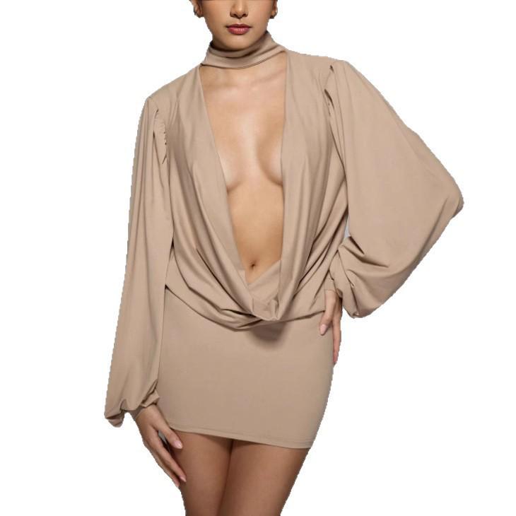 European & American Autumn Sexy Deep V Long Sleeve Hip-Hugging Short Dress