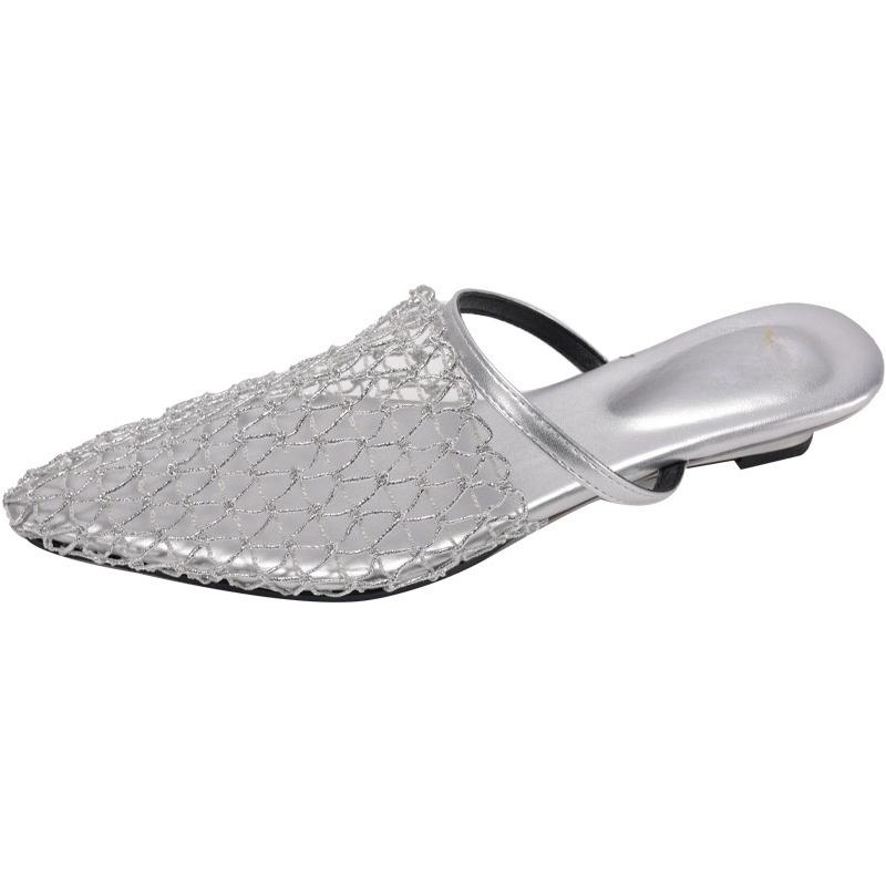 Woven Mesh Breathable Sandals Summer New Pointed Toe Wrapped Toe Cover Foot Non-Slip Wear-Resistant Low Heel Slippers