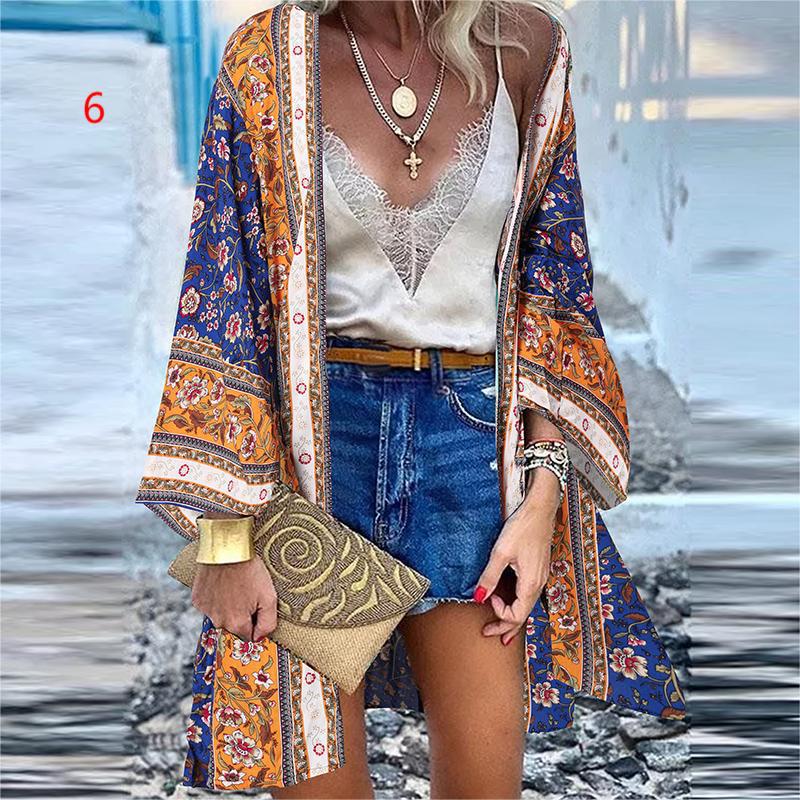 Summer Bohemian Casual Cloak Cardigan for Swimsuit Woman Beach Swimwear Tops Long Sleeved Shawl Chiffon Shirt