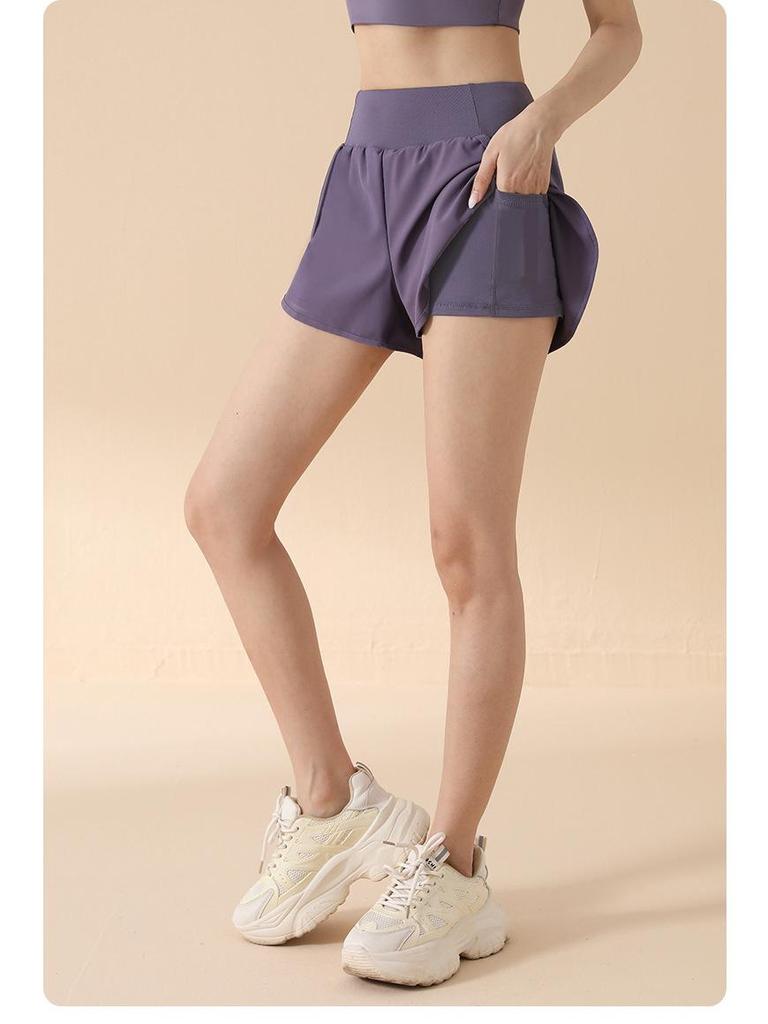 Damen Sportshorts mit hohem Bund: Fake Zweiteiler, Anti-Exposition, Lockere Passform, Seitentasche, Hüfthebung, Für Laufen & Yoga