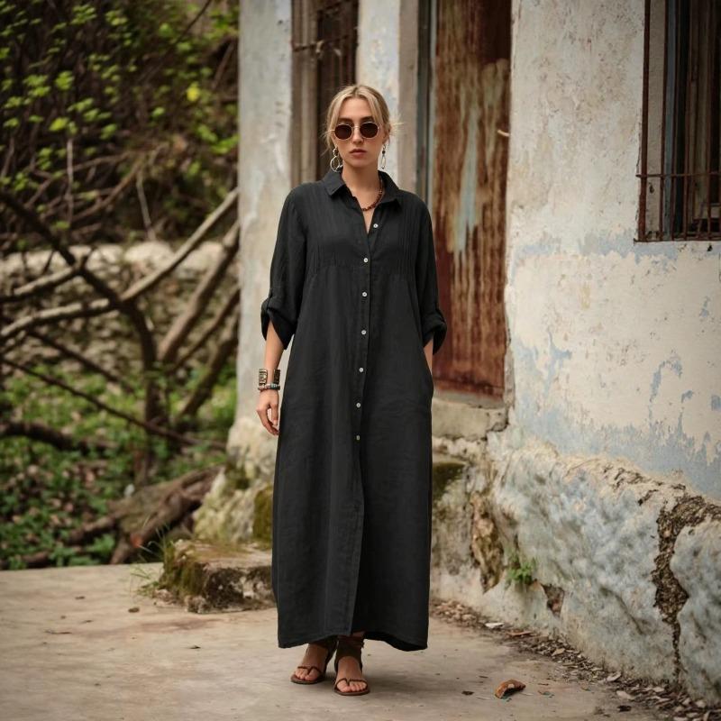 BITCED Fashion Summer Spring Solid Color Print Long Sleeve POLO Neck  Casual Dresses