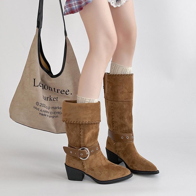 Vintage thick heel western boots autumn women's winter fashion niche design sense suede pointed Martin boots wide tube medium boots