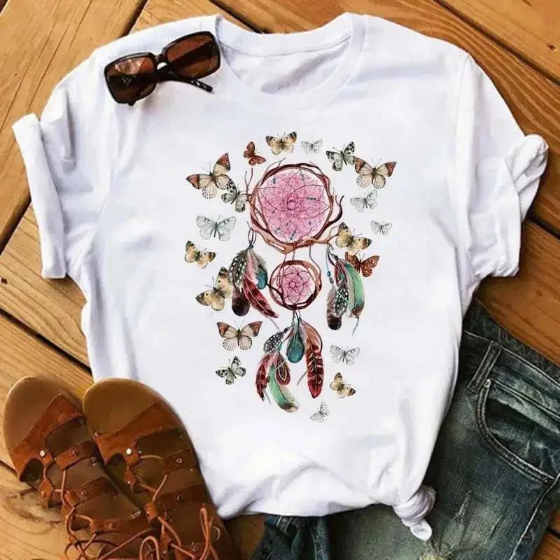 Print T Shirt Fashion Crew Neck Short Sleeve  T Shirt  Fashion Dream Catcher T Shirt Women Harajuku Graphic