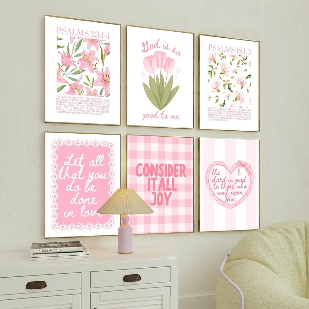 Pink Bible Verse Wall Art Set of 6 Religious Preppy Wall Decor Christian Floral Room Decor for Girls Scripture Cute Posters for Bedroom Christian