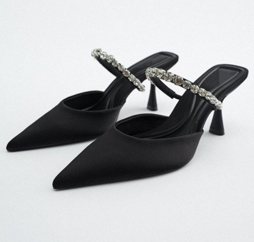 Dámské módní boty s krystalovým páskem Vysoké podpatky Pantofle 2025 Letní Špičaté Vodní Stiletto Mules Sandalia Dámské Sexy Párty Lodička