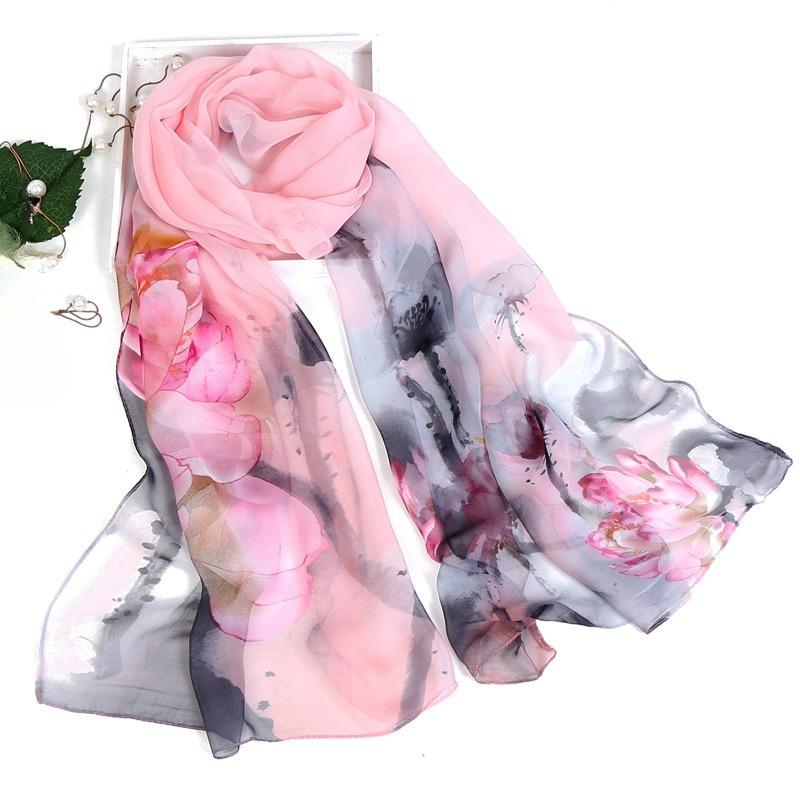 Fashion Thin and Long Printed Silk Scarf Sunscreen Scarf Simulation Silk Decoration Sunscreen Silk Scarf Women Spring and Summer