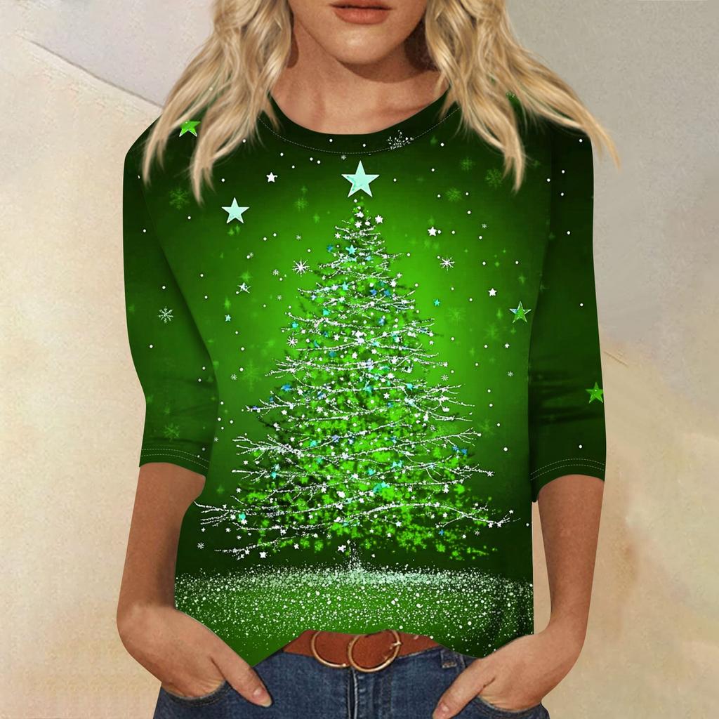 Women's Fashion Casual Round Neck 3/4 Sleeve Loose  Printed T-Shirt Ladies Top