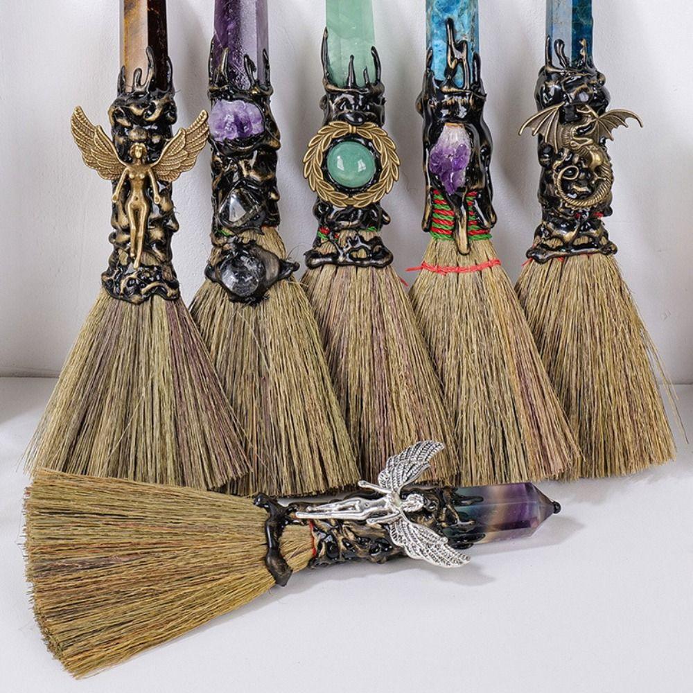 Handmade Witch Broom Ornaments Natural Broom Craft Charm Crystal Column Point Stone Broom  Study