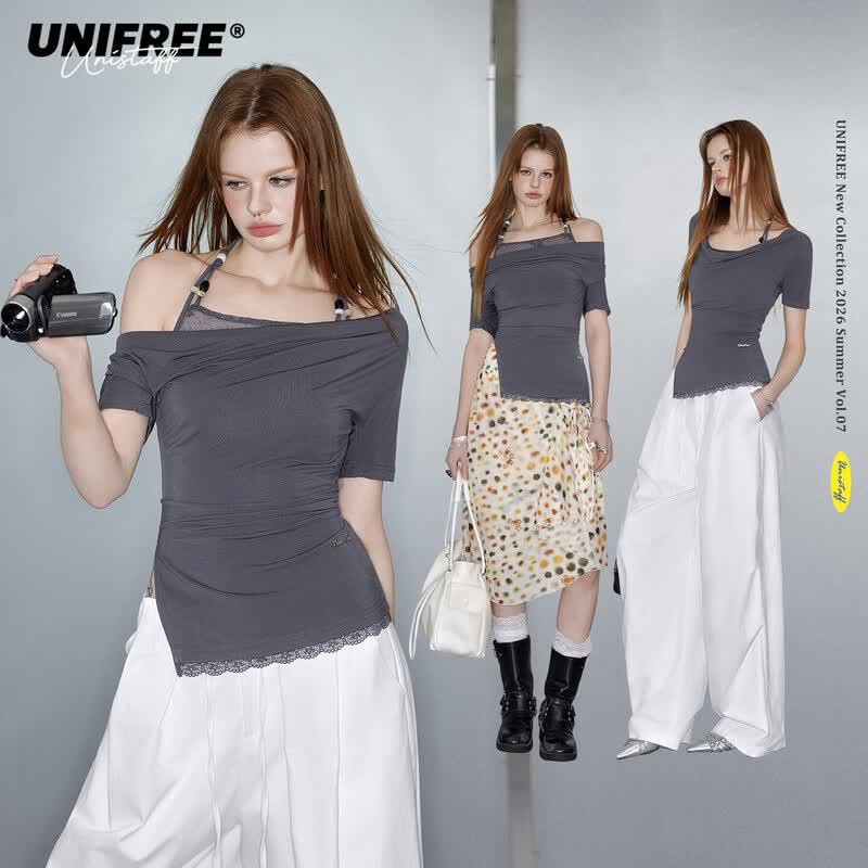UNIFREE Lace Trim Faux Two-Piece Cowl Neck T-Shirt L серый