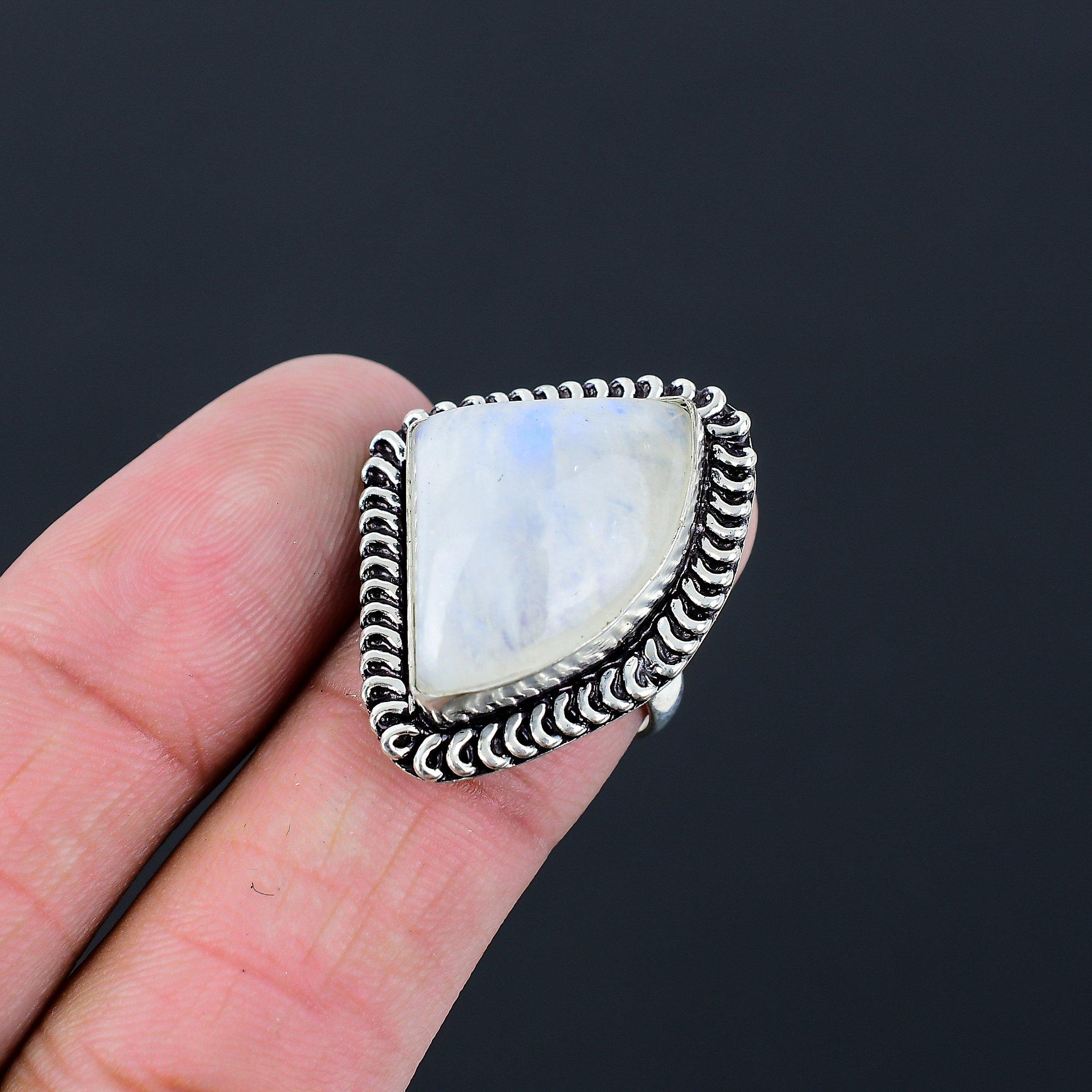 925 Sterling Silver Rainbow Moonstone Stone Promise Crown Chakra Ring Size 7.5 7.5