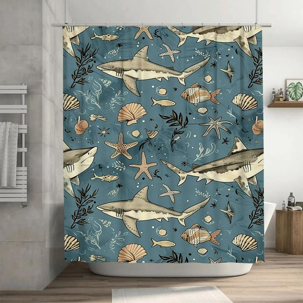 Modern Blue Sea Life Bath Shower Curtain Decorative Sharks Marine Life Print for Bathroom Water Resistant Fabric Various