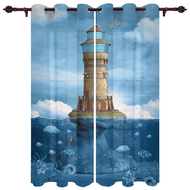 Lighthouse Island Perdele de fereastră vintage acuarelă pentru sufragerie Perdele pentru dormitor modern de lux Cafea Draperii pentru sufragerie