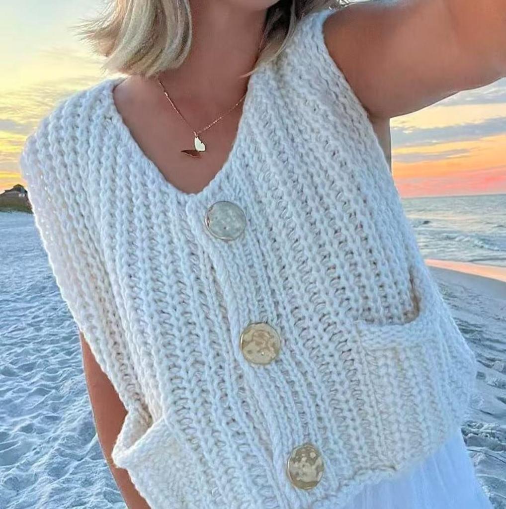 European & American Women's Chunky Knit Vest with Large Buttons