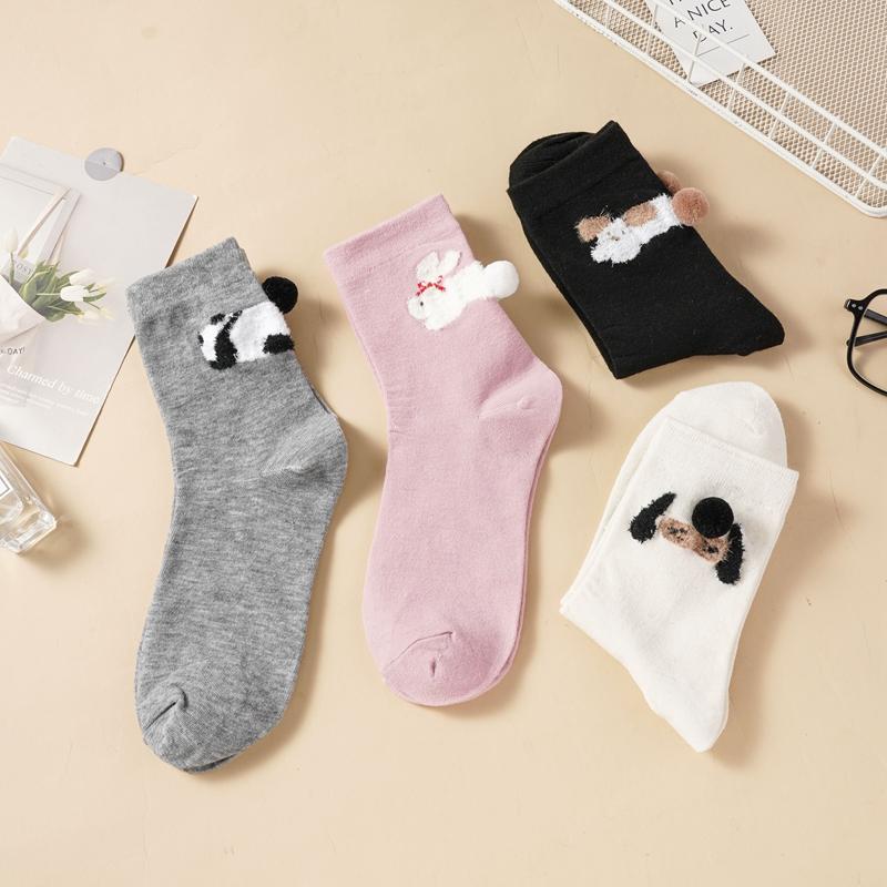 Women's Cute 3D Plush Animal Crew Socks Breathable Cotton Mid-Calf Socks Cartoon Panda Dog Bunny Cat Design Casual Socks for Daily Wear