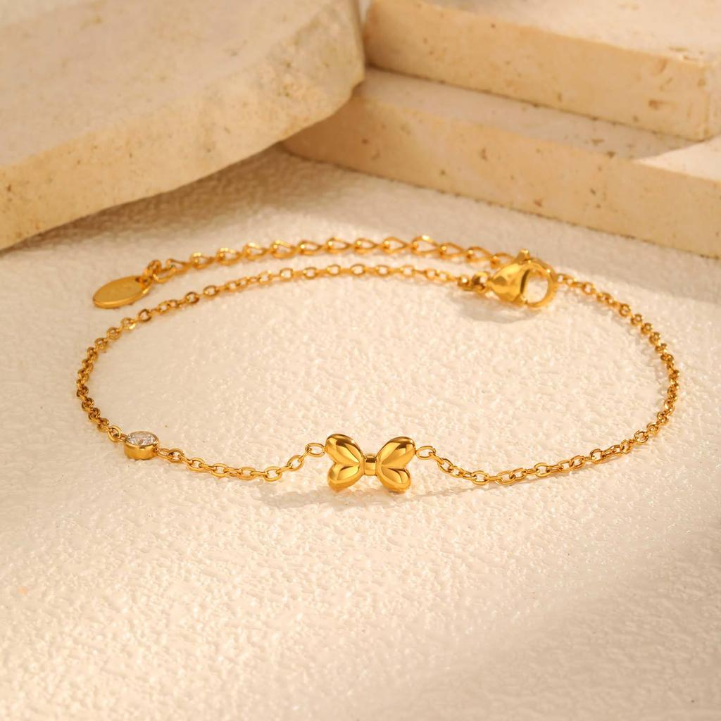 Wind Ladies Vacation Wind Stainless Steel Flat Cross Chain Bow Zircon Anklet Necklace Jc-238