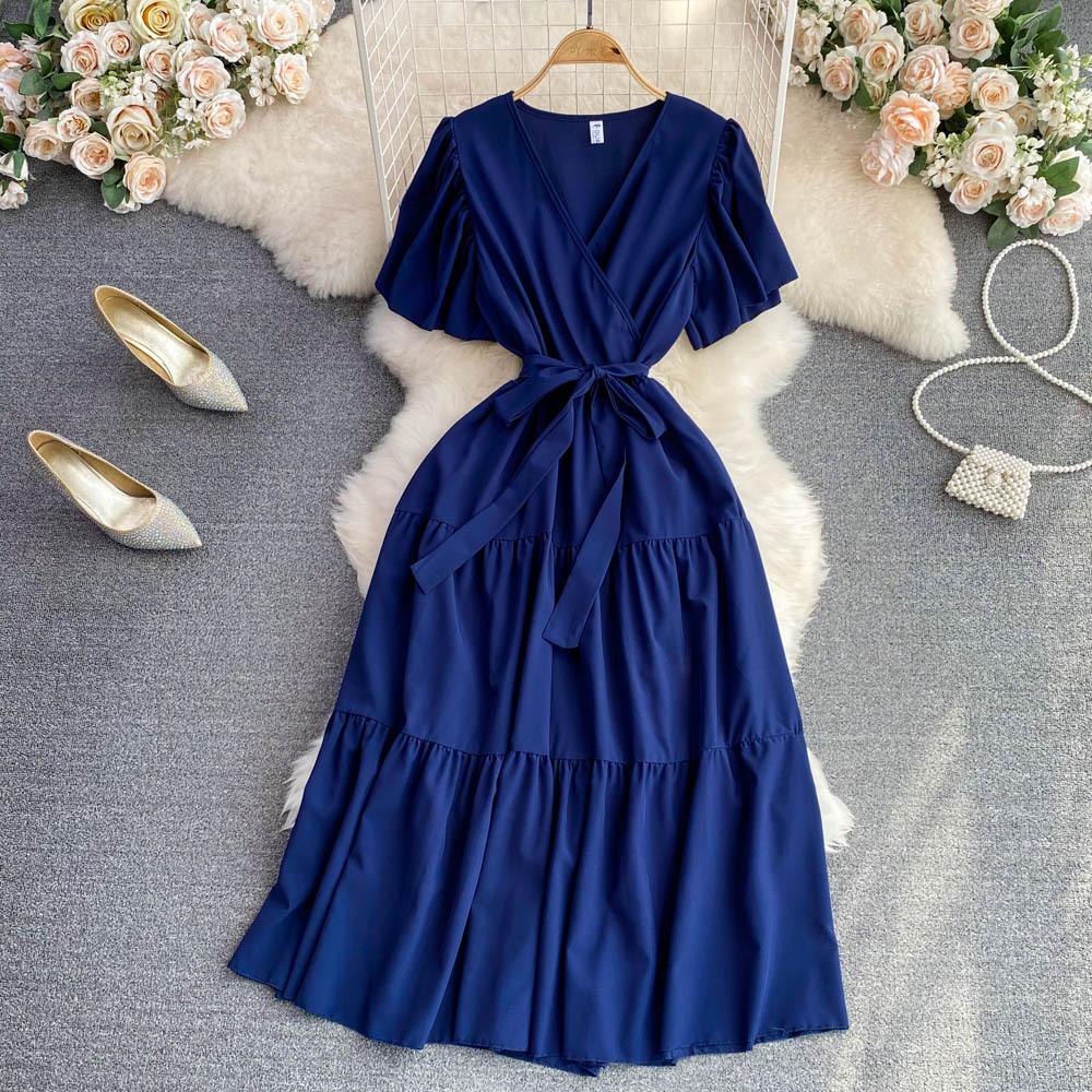Summer gentle wind temperament V-neck bubble short-sleeved pleated waist thin a-word dress super fairy pendulum long skirt