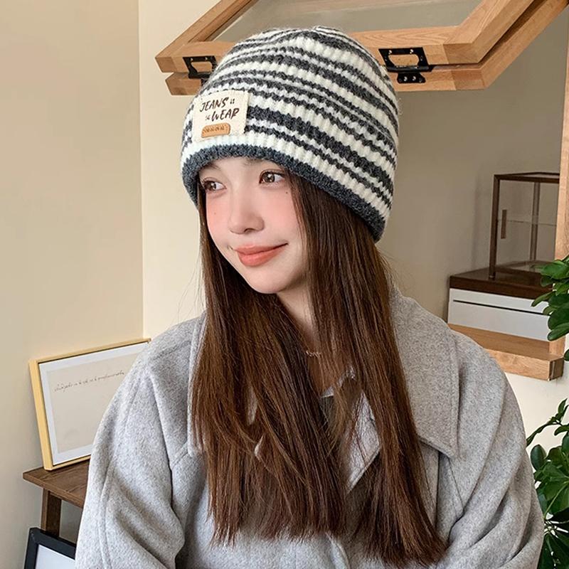 Autumn And Winter  Striped Versatile Korean Style  Large Head Circumference Wool Knitted Hat Pullover Hat For Women
