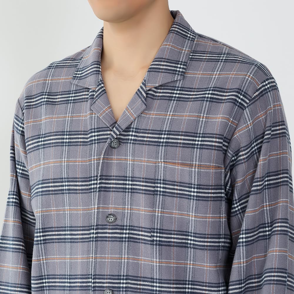 Gunze Cotton Pajamas with No Side Long Sleeves and Pants Dyed Navy Blue Men's 100% Seams, (Front Opening), Flannel, (SF4085)