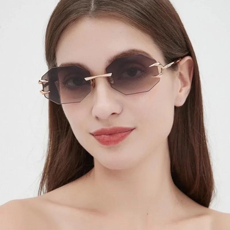 Vintage Rimless Hook Octagon Sunglasses Women For Men Sun Glasses Luxury Brand Designer Punk Popular New Metal Eyeglasses UV400