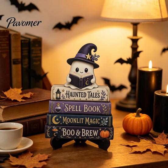 Fall Fireplace Decorations Halloween Reading Ghost Figurine, Wooden Desktop Ornaments, Vintage Spooky Shelf Accents Statue with Stand for Home